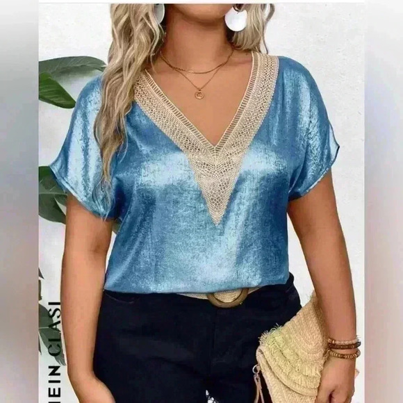 SHEIN Batwing Sleeve Lace V-Neck Shimmery Top Size 2XL Blue NWT - Picture 1 of 10